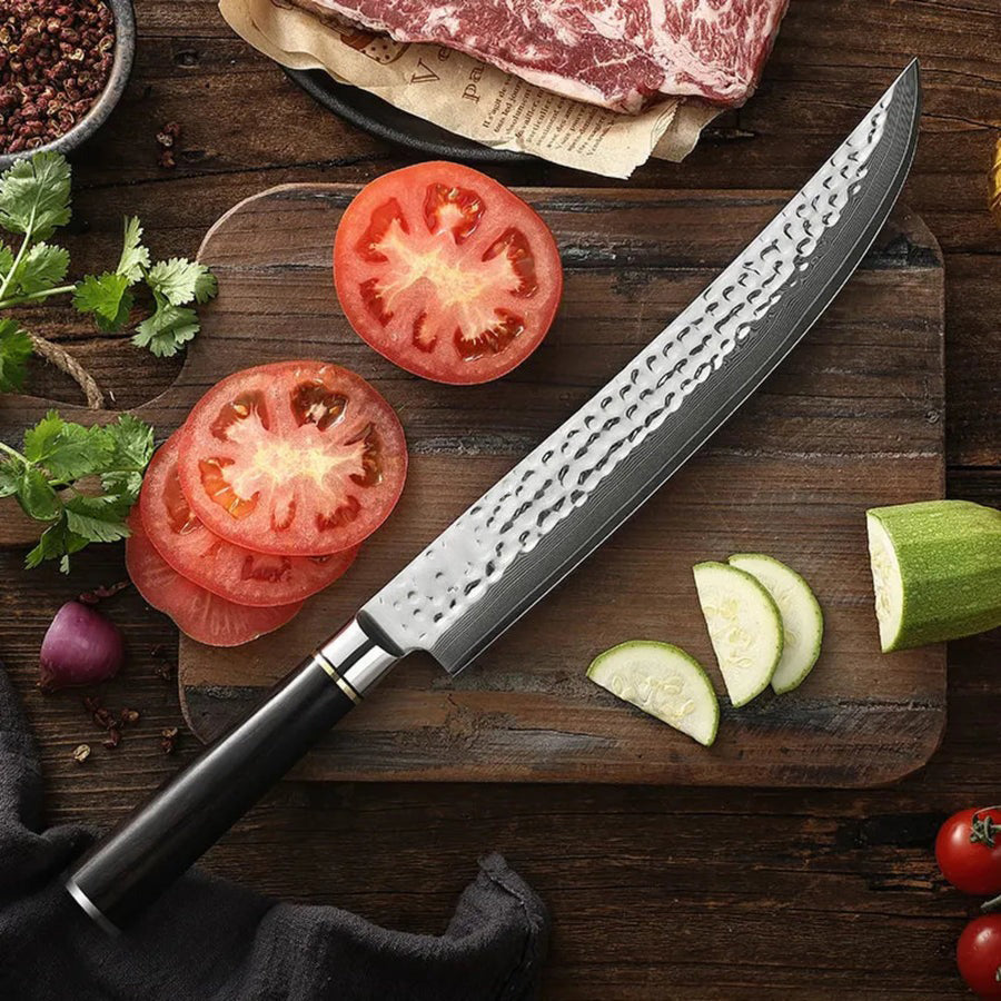 B1Z 10 inch Carving Knife 67 Layers Damascus steel with Nature ebony Wood Handle Used for Slicing thin cuts of large, Cooked Meats