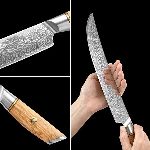 B37 10 Inch Carving Knife, 73 Layers Damascus Steel With Powder Steel Having Olive Wood Handle