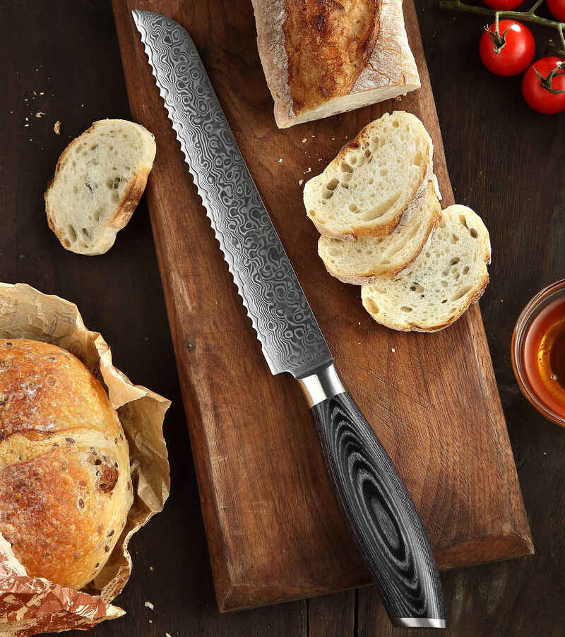 B20 8 Inch Bread Knife, 67 Layers Damascus Steel Having Pakka Wood Handle