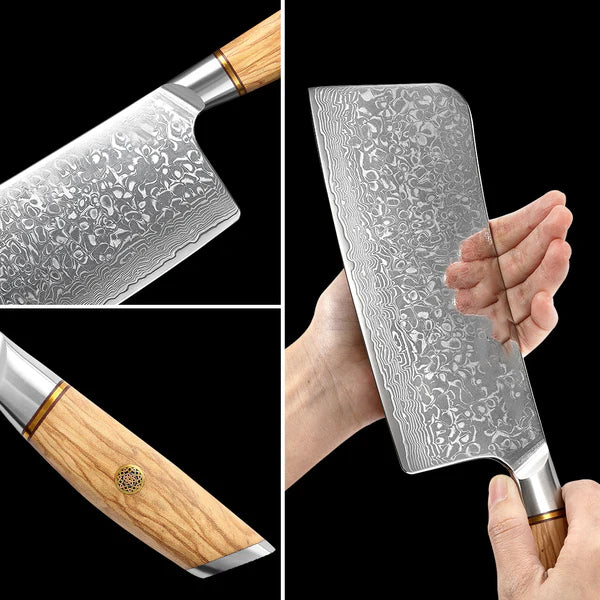 B37 7 Inch Chopping Knife, 67 Layers Damascus Steel Having Olive Wood Handle