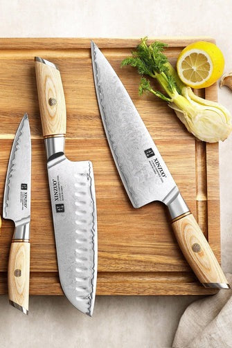 Blissful Edge Series 3pcs Damascus Steel Chef, Santoku And Utility Knife Set