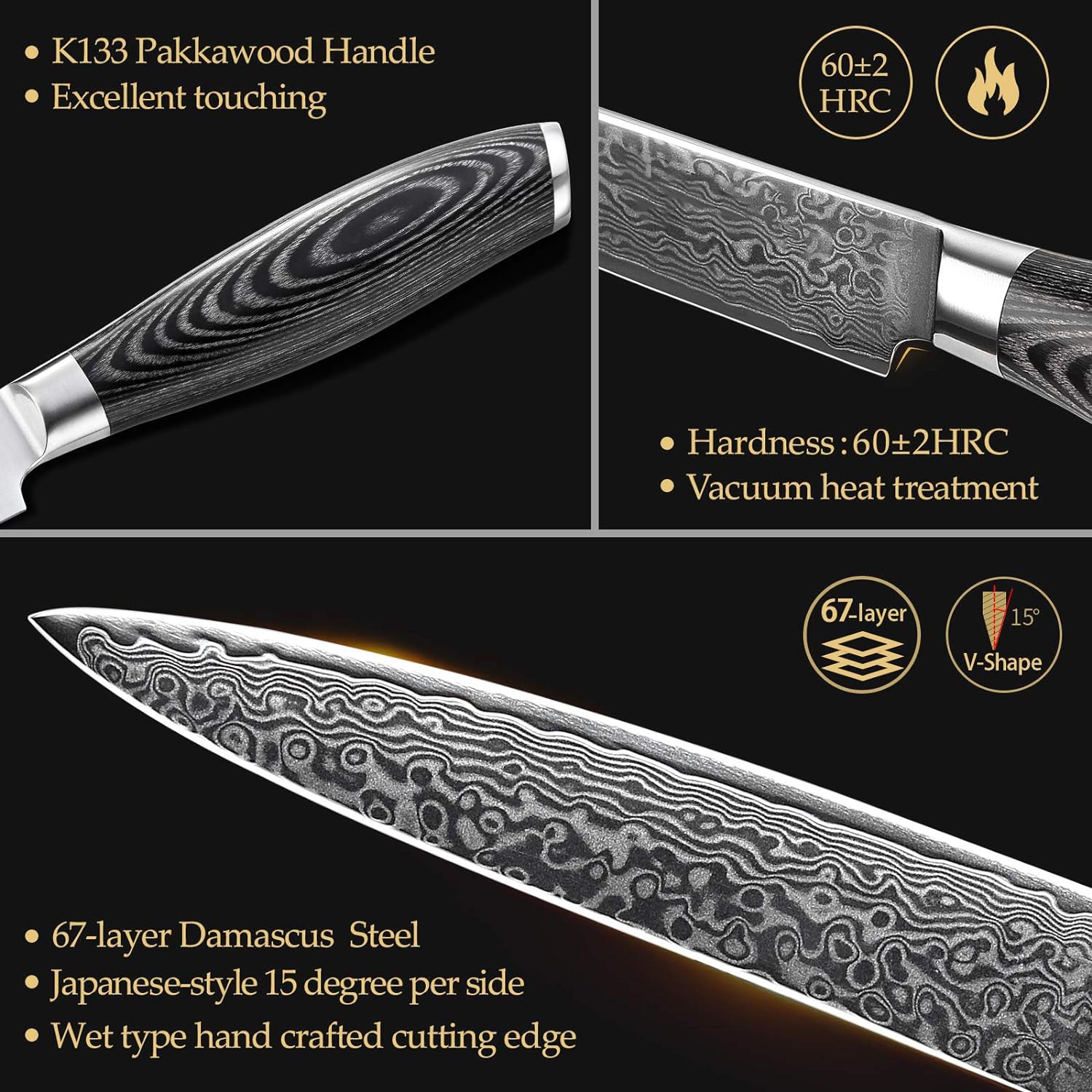 B20 5 Inch Utility Knife, 67 Layers Damascus Steel Having Pakka Wood Handle