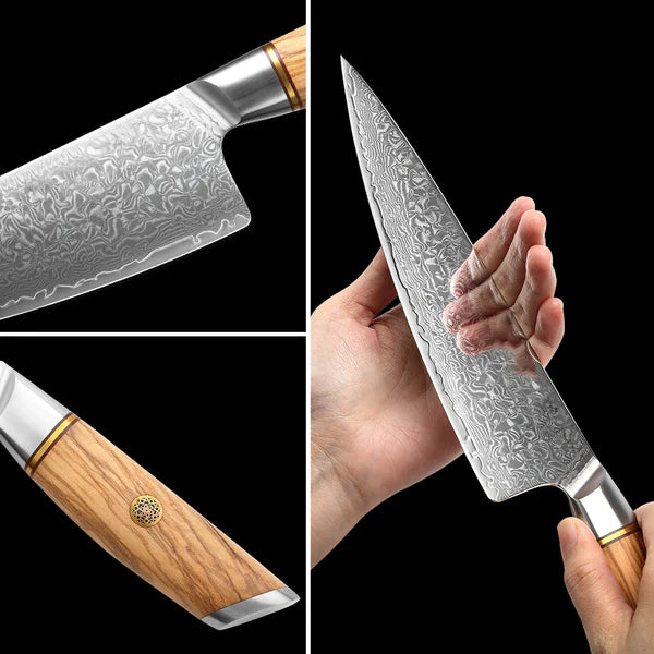 B37S 5pcs Damascus Knife Set, 3 Layers Composite Steel Having Pakka Wood Handle
