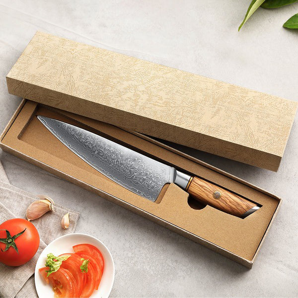 B37 8pcs Damascus Knife Set with Block, Having Olive Wood Handle