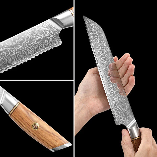 B37 8.5 Inch Bread Knife, 73 Layers Damascus Steel With Powder Steel Having Olive Wood Handle