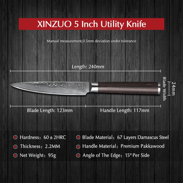 B1Z 5 inch 67 Layers Damascus steel Utility Knife for Cutting Tomatoes, Potatoes, Apples, Citrus Fruits and Cucumbers Having Nature ebony Wood Handle