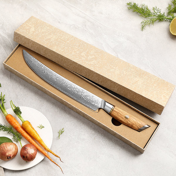 B37 10 Inch Carving Knife, 73 Layers Damascus Steel With Powder Steel Having Olive Wood Handle