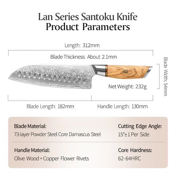 B37S 7 Inch Santoku Knife, 3 Layers Composite Steel Having Pakka Wood Handle