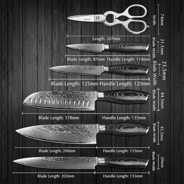 B20 7pcs Damascus Knife Set, 1 Pc 8 ″ Chef Knife, 1 Pc 5 ″ Utility Knife, 1 Pc 7 ″ Santoku Knife, 1 Pc 8 ″ Carving Knife, 1 Pc 3.5 ″ Paring Knife  1 Pc Scissor, 1 Pc Woooden Holder Having Pakka Wood Handle