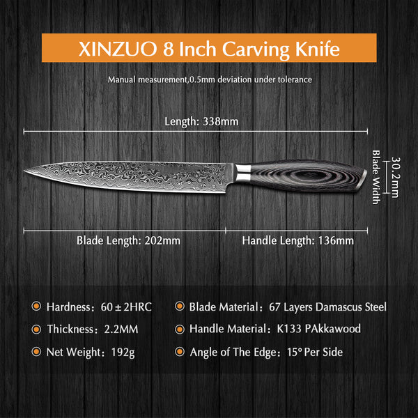 Benchmark Series 8 Inch Damascus Steel Carving Knife Having Pakka Wood Handle