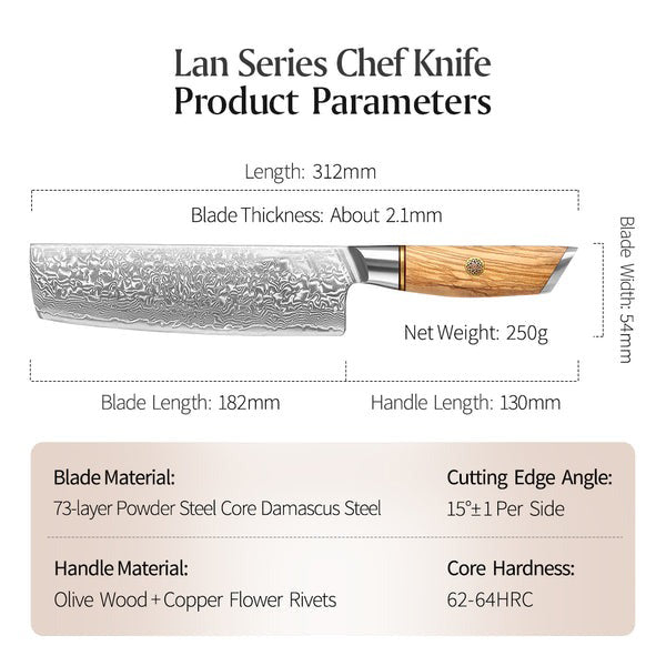 X01 7.5 Inch Nakiri Knife, 73 LAYERS Damascus Steel with Poweder Having Olive Wood Handle