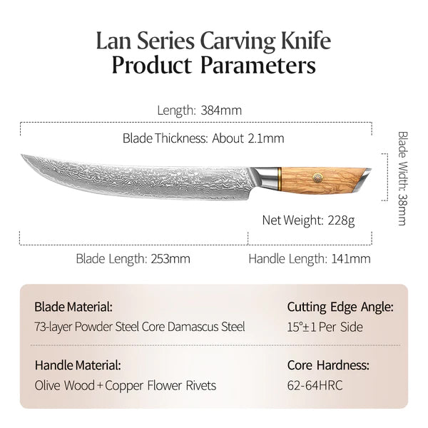 B37 10 Inch Carving Knife, 73 Layers Damascus Steel With Powder Steel Having Olive Wood Handle