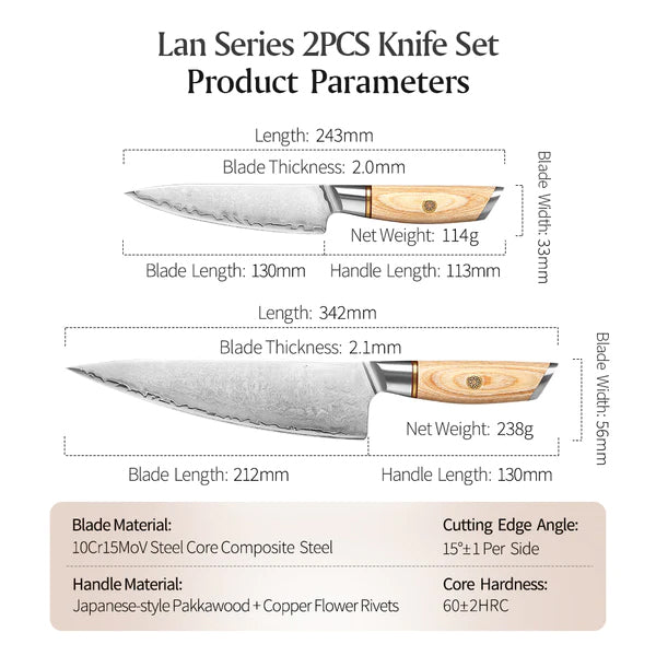 Blissful Edge 2pcs Damascus Steel Chef And Utility Knife