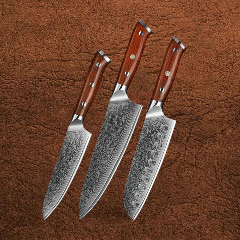 B13R 3pcs Damascus Knife Set 1 Pc 8 Inch Chef Knife, 1 Pc 5 Inch Utility Knife, 7 Inch Santoku Knife Having Nature Rosewood with Triple Rivets Handle