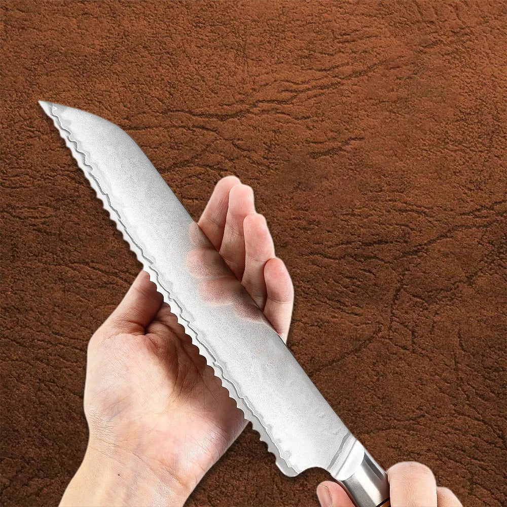 X01 8.5 Inch Bread Knife, 73 LAYERS Damascus Steel with Poweder steel Having Olive Wood Handle