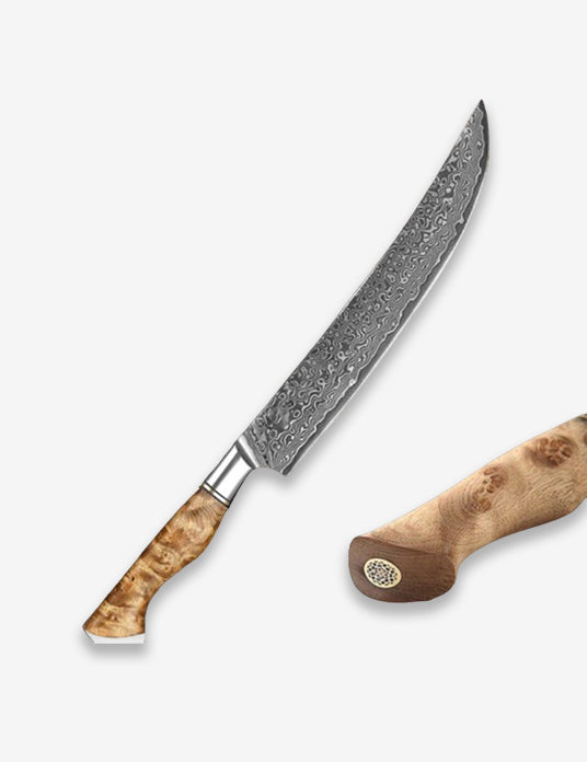 B30 10 Inch Carving Knife, 67 Layers Damascus Steel Having Figured Sycamore Wood Handle