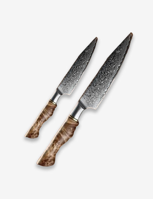 B30 2pcs Damascus Knife Set, 1 Pc 8 Inch Chef Knife, 1 Pc 5 Inch Utility Knife Having Figured Sycamore Wood Handle