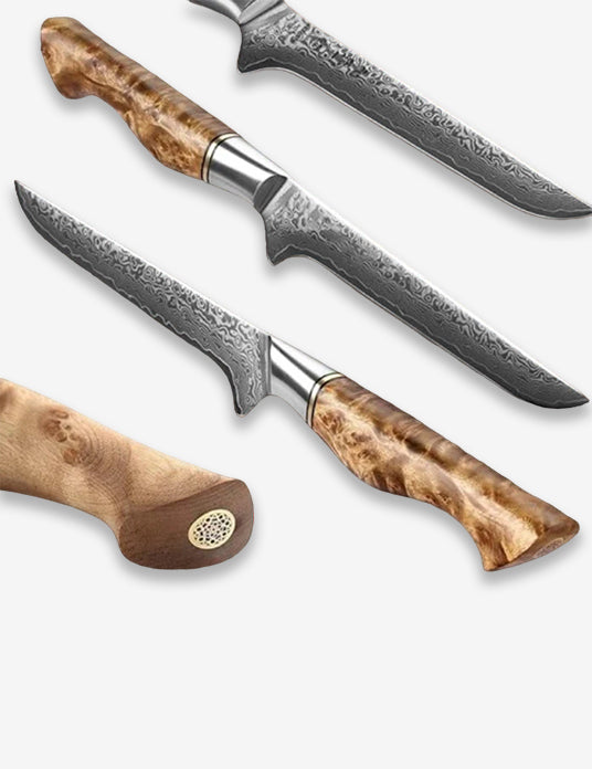 B30 6 Inch Boning Knife, 67 Layers Damascus Steel Having Figured Sycamore Wood Handle