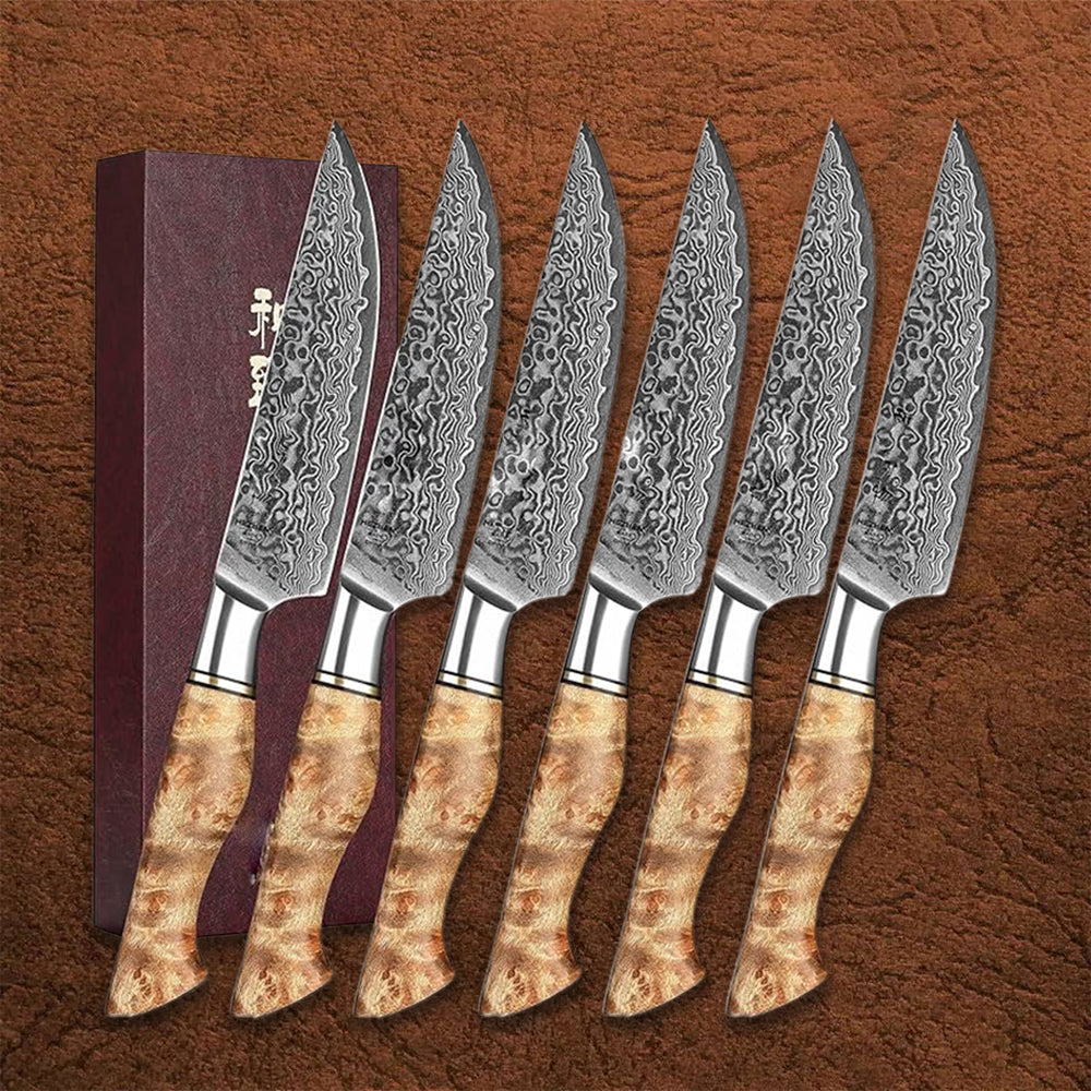 B30 6 Pcs 6 Inch Steak Knife Set, 67 Layers Damascus Steel Having Figured Sycamore Wood Handle