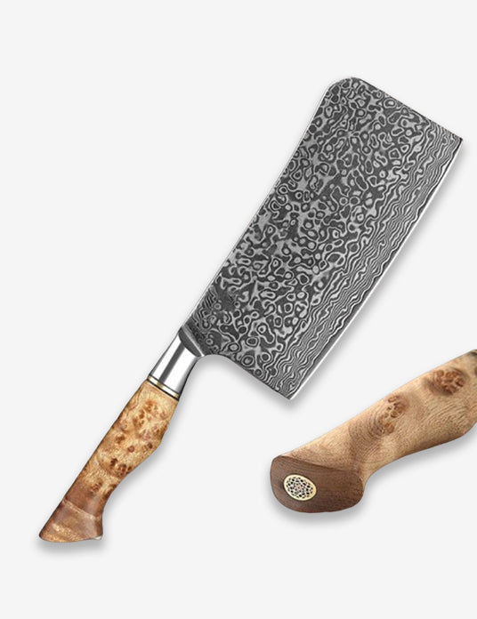 B30 7 Inch Chopping Knife, 67 Layers Damascus Steel Having Figured Sycamore Wood Handle