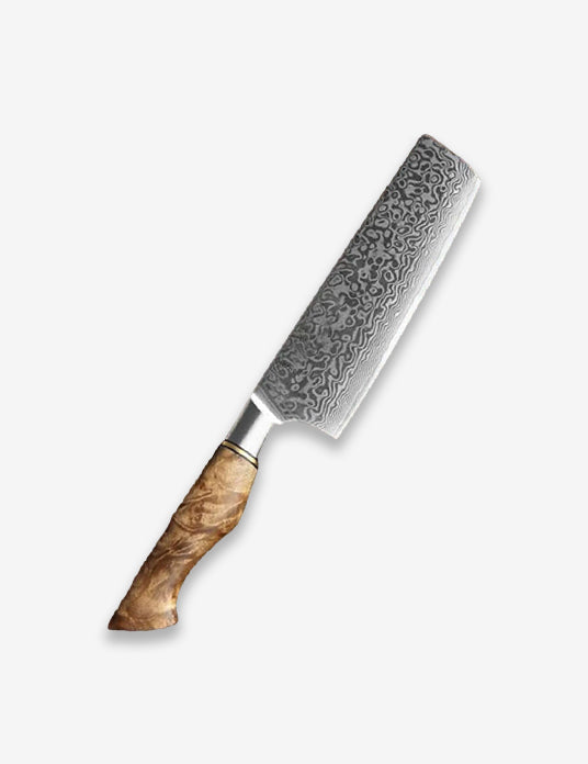 B30 7 Inch Nakiri Knife, 67 Layers Damascus Steel Having Figured Sycamore Wood Handle