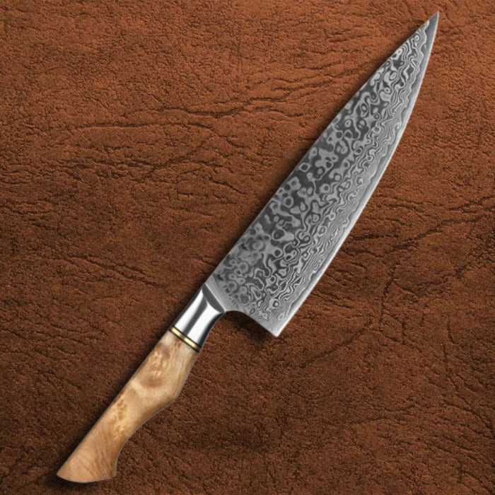 B30 8 Inch Chef Knife, 67 Layers Damascus Steel Having Figured Sycamore Wood Handle