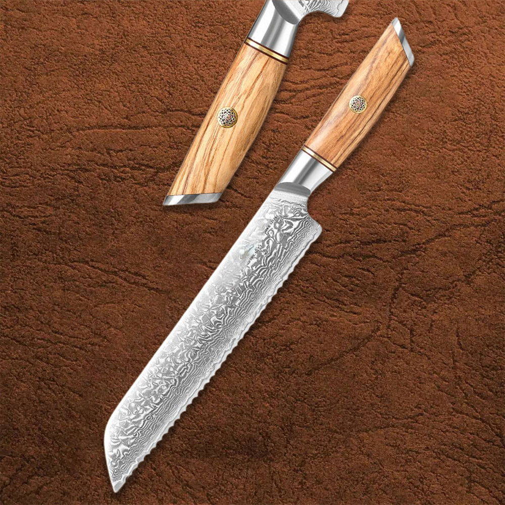 B37 8.5 Inch Bread Knife, 73 Layers Damascus Steel With Powder Steel Having Olive Wood Handle