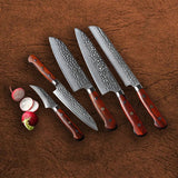 B9H 5pcs Knife Set, 67 Layers Damascus Steel Having Nature Rosewood Handle
