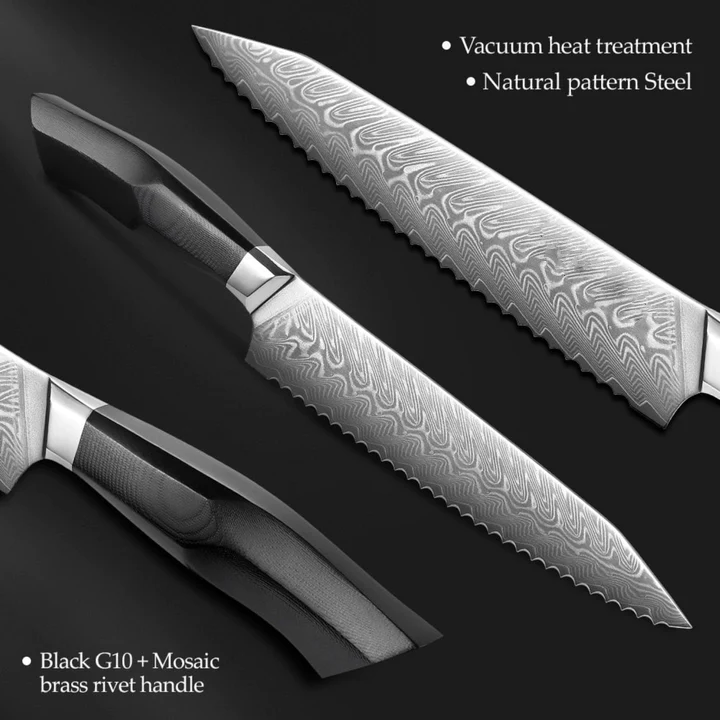 B32 8 Inch Bread Knife, 67 Layers Damascus Steel Having Black G10 Handle