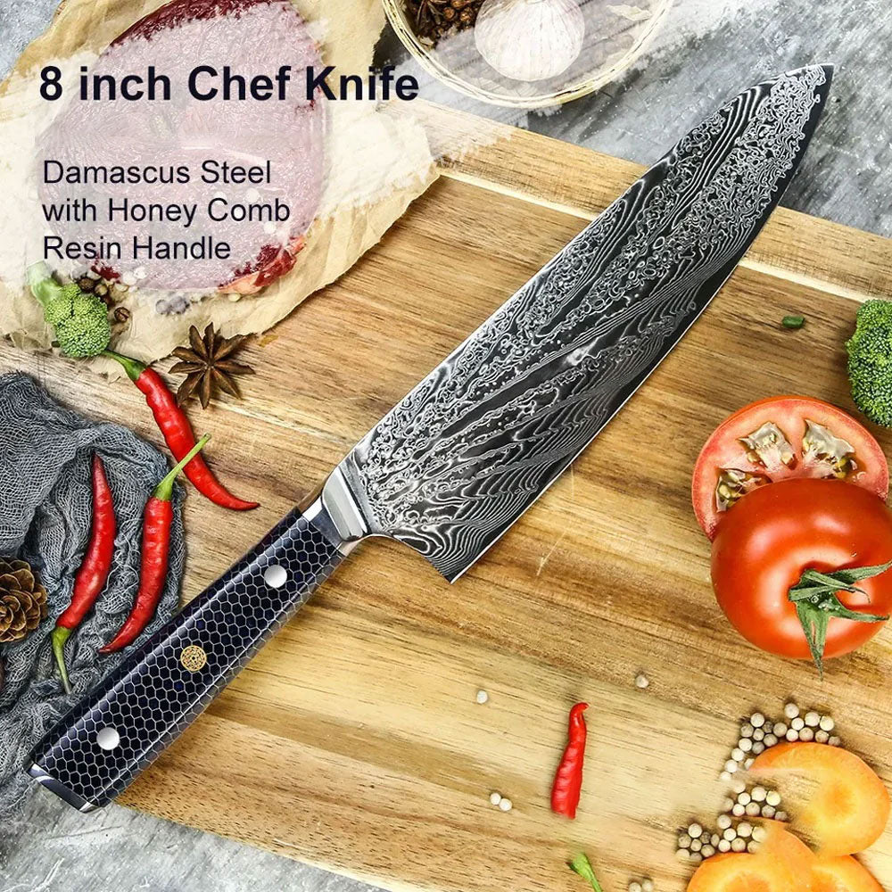 DMS-304 Set of 5 Damascus Chef Knives Having VG10-Honey Comb Handle