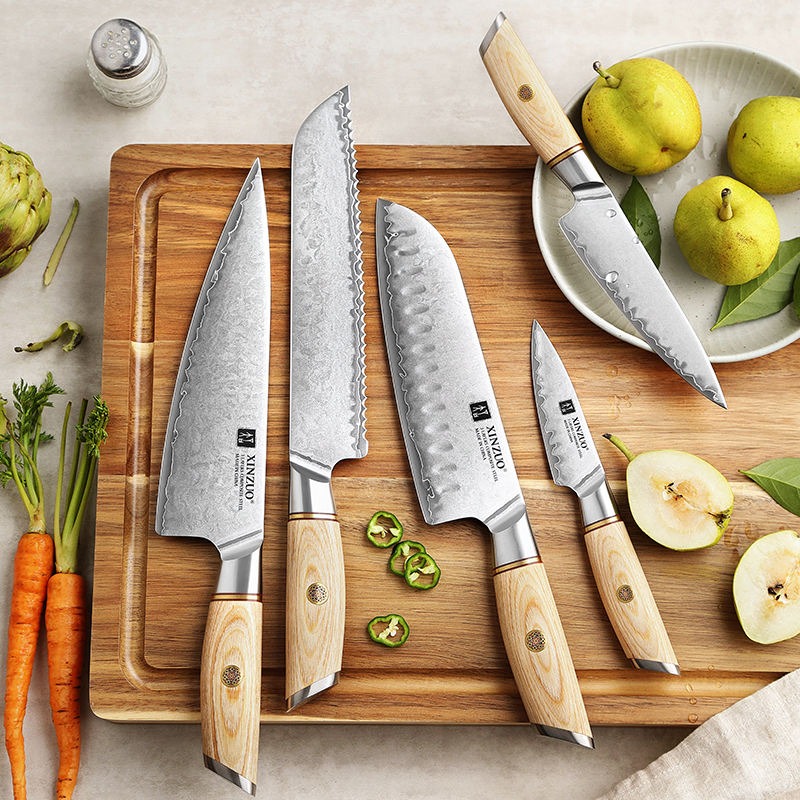 Blissful Edge Series 5pcs Damascus Steel Chef, Utility, Santoku, Bread and Pairing Knife