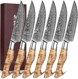 B30 6 Pcs 6 Inch Steak Knife Set, 67 Layers Damascus Steel Having Figured Sycamore Wood Handle