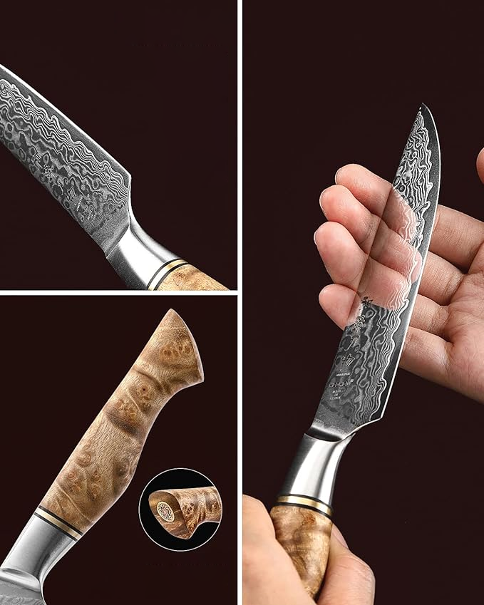 B30 6 Pcs 6 Inch Steak Knife Set, 67 Layers Damascus Steel Having Figured Sycamore Wood Handle