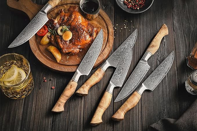 B30 6 Pcs 6 Inch Steak Knife Set, 67 Layers Damascus Steel Having Figured Sycamore Wood Handle