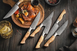 B30 6 Pcs 6 Inch Steak Knife Set, 67 Layers Damascus Steel Having Figured Sycamore Wood Handle