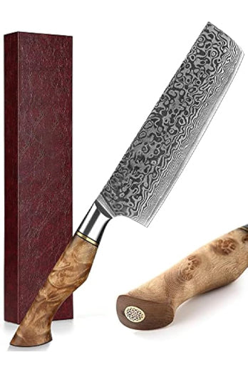 B30 7 Inch Nakiri Knife, 67 Layers Damascus Steel Having Figured Sycamore Wood Handle