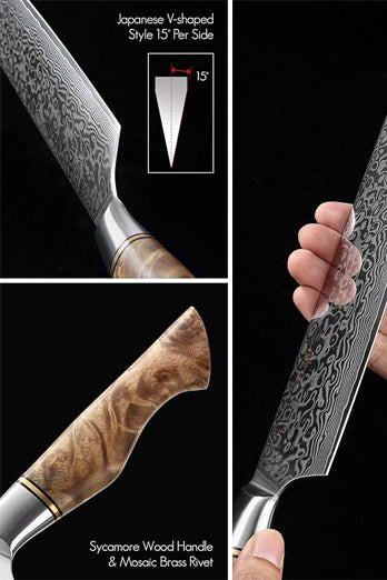 B30 7 Inch Nakiri Knife, 67 Layers Damascus Steel Having Figured Sycamore Wood Handle