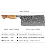 B30 7 Inch Chopping Knife, 67 Layers Damascus Steel Having Figured Sycamore Wood Handle