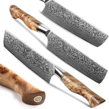 B30 7 Inch Nakiri Knife, 67 Layers Damascus Steel Having Figured Sycamore Wood Handle