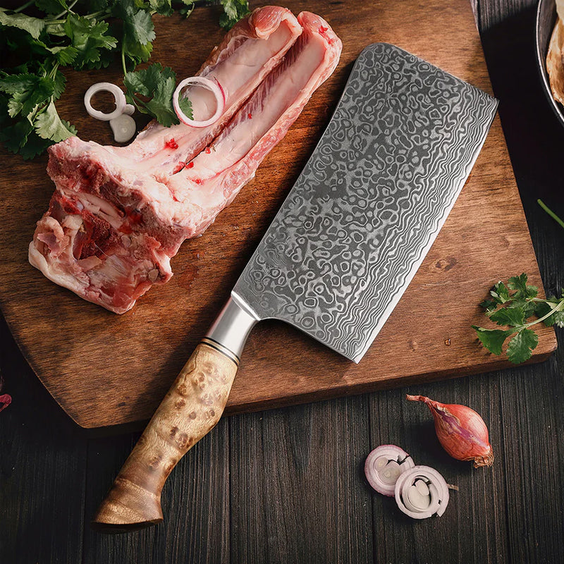 B30 7 Inch Chopping Knife, 67 Layers Damascus Steel Having Figured Sycamore Wood Handle