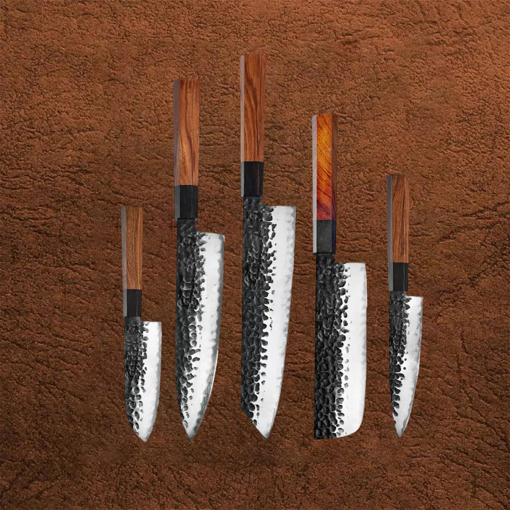 5pcs Japenese Knives Set & Magnet Knife block  with Red Wood Buffalo Horn Handle PM8S-M5