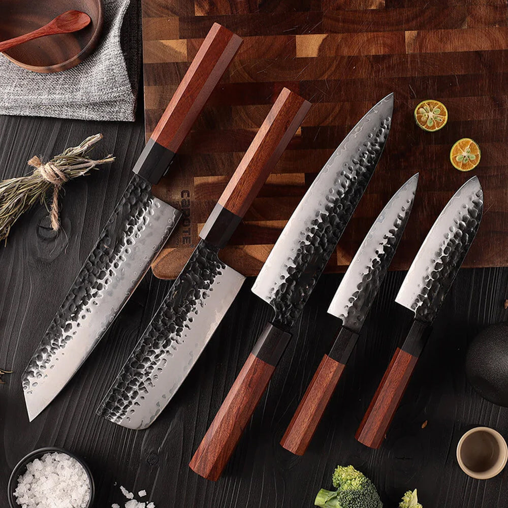 5pcs Japenese Knives Set & Magnet Knife block  with Red Wood Buffalo Horn Handle PM8S-M5