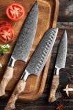 B30 3pcs Damascus Knife Set, 1 Pc 8 Inch Chef Knife, 1 Pc 7 Inch Santoku Knife, 1 Pc 5 Inch Utility Knife  Having Figured Sycamore Wood Handle