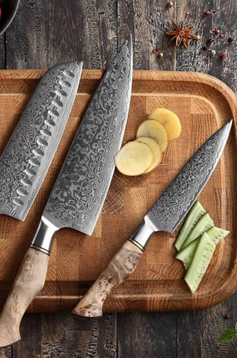 B30 3pcs Damascus Knife Set, 1 Pc 8 Inch Chef Knife, 1 Pc 7 Inch Santoku Knife, 1 Pc 5 Inch Utility Knife  Having Figured Sycamore Wood Handle