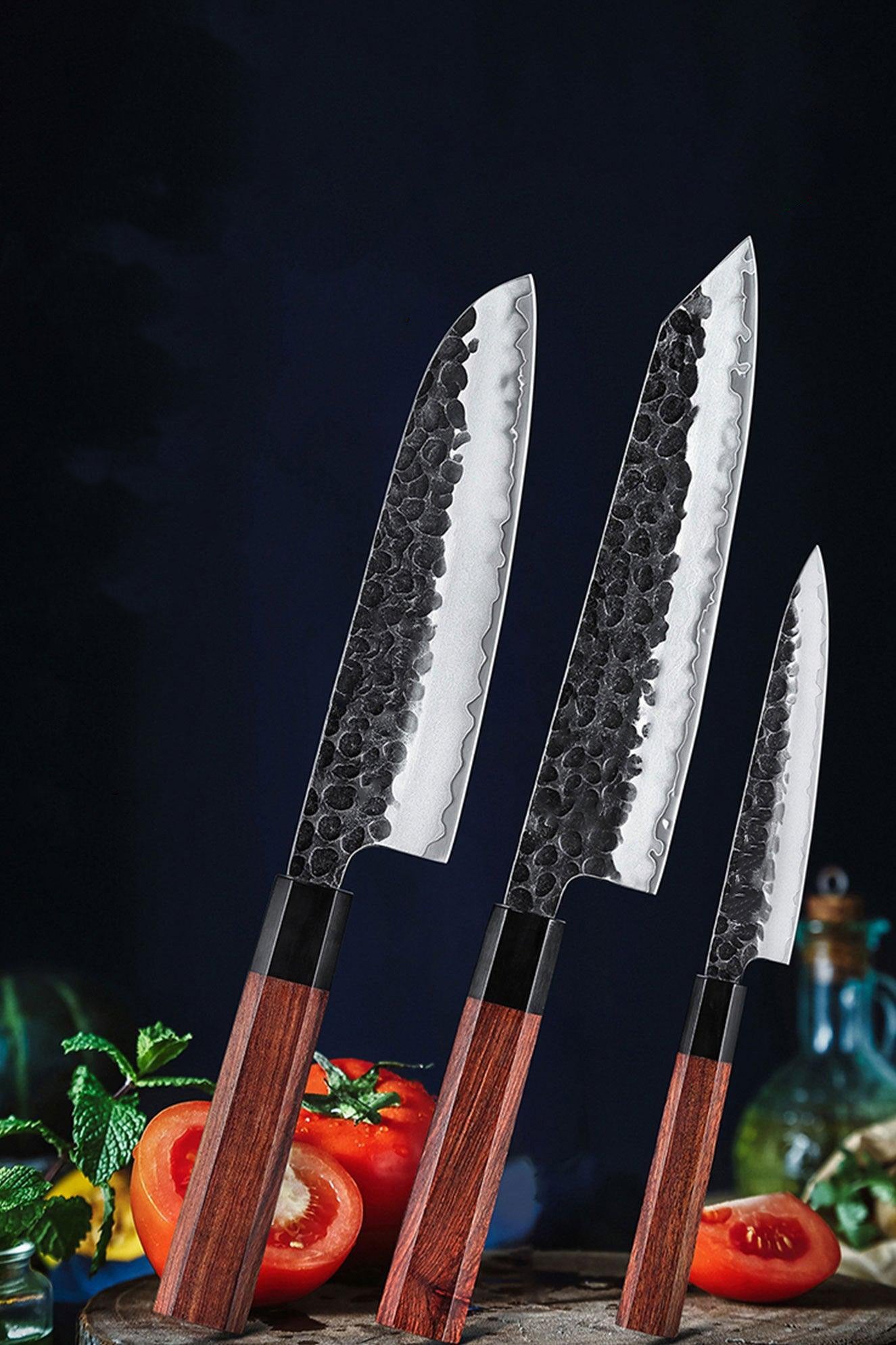 PM8S 3pcs Knife Set, 3 Layers Composite Steel Having Buffalo Horn + Red Wood