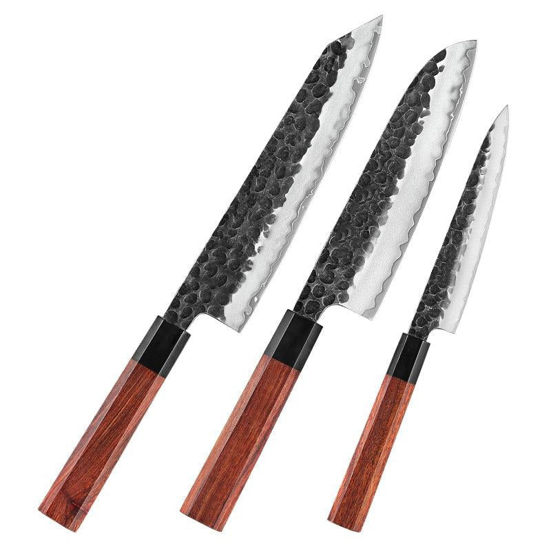 PM8S 3pcs Knife Set, 3 Layers Composite Steel Having Buffalo Horn + Red Wood