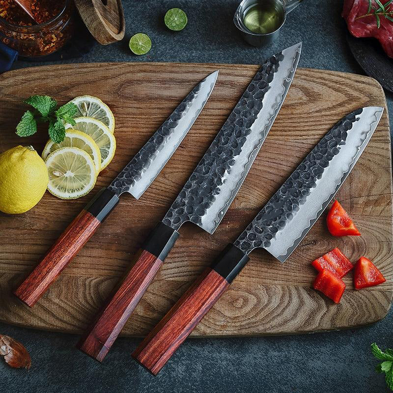 PM8S 3pcs Knife Set, 3 Layers Composite Steel Having Buffalo Horn + Red Wood