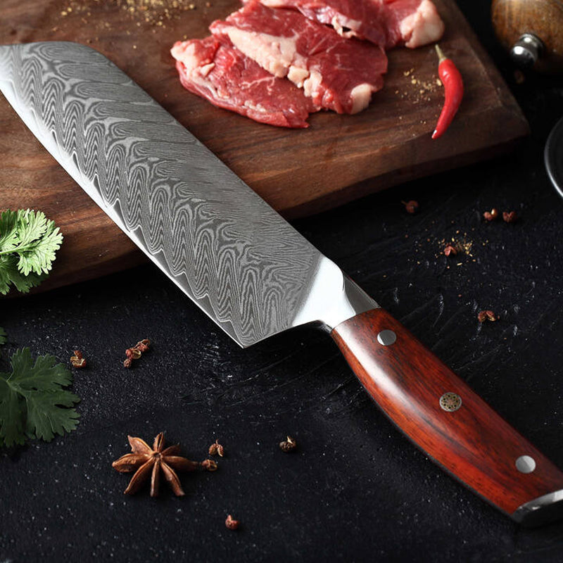 B27 7 Inch Santoku Knife, 67 Layers Damascus Steel Having Nature Rosewood with Triple Rivets Handle