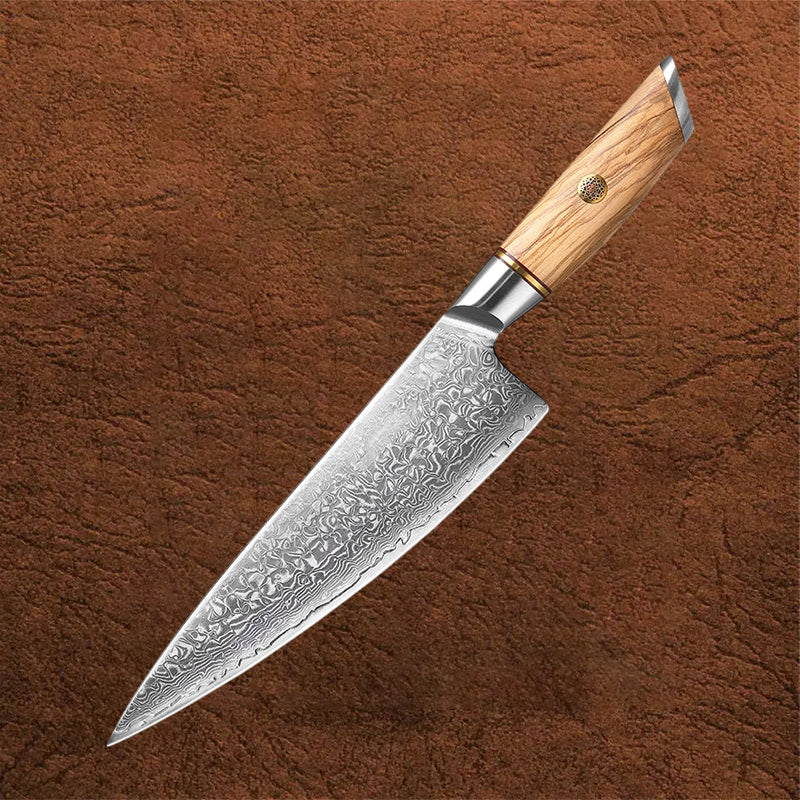 B37 8.5 Inch Chef Knife, 73 Layers Damascus Steel With 14Cr14V3MoNb Powder Steel Having Olive Wood Handle