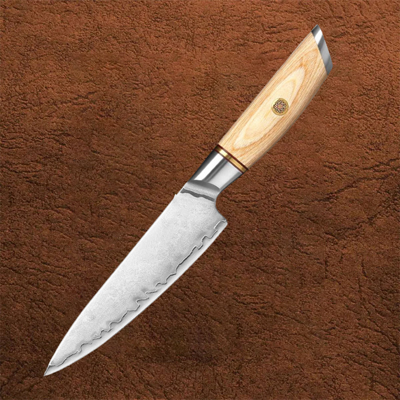 B37 5 Inch Utility Knife, 73 Layers Damascus Steel With 14Cr14V3MoNb Powder Steel Having Olive Wood Handle